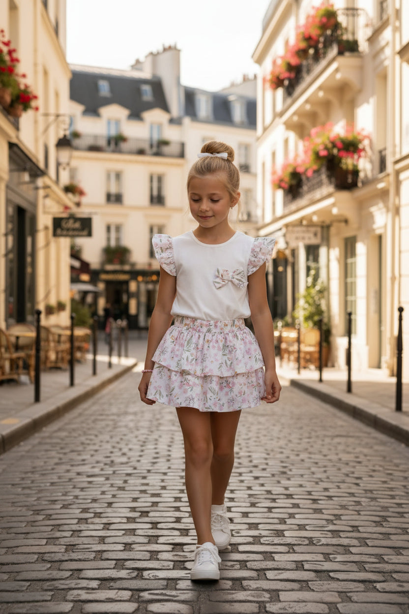 Conjunto Menina T-shirt Branca com Laço e Saia Floral Pastel