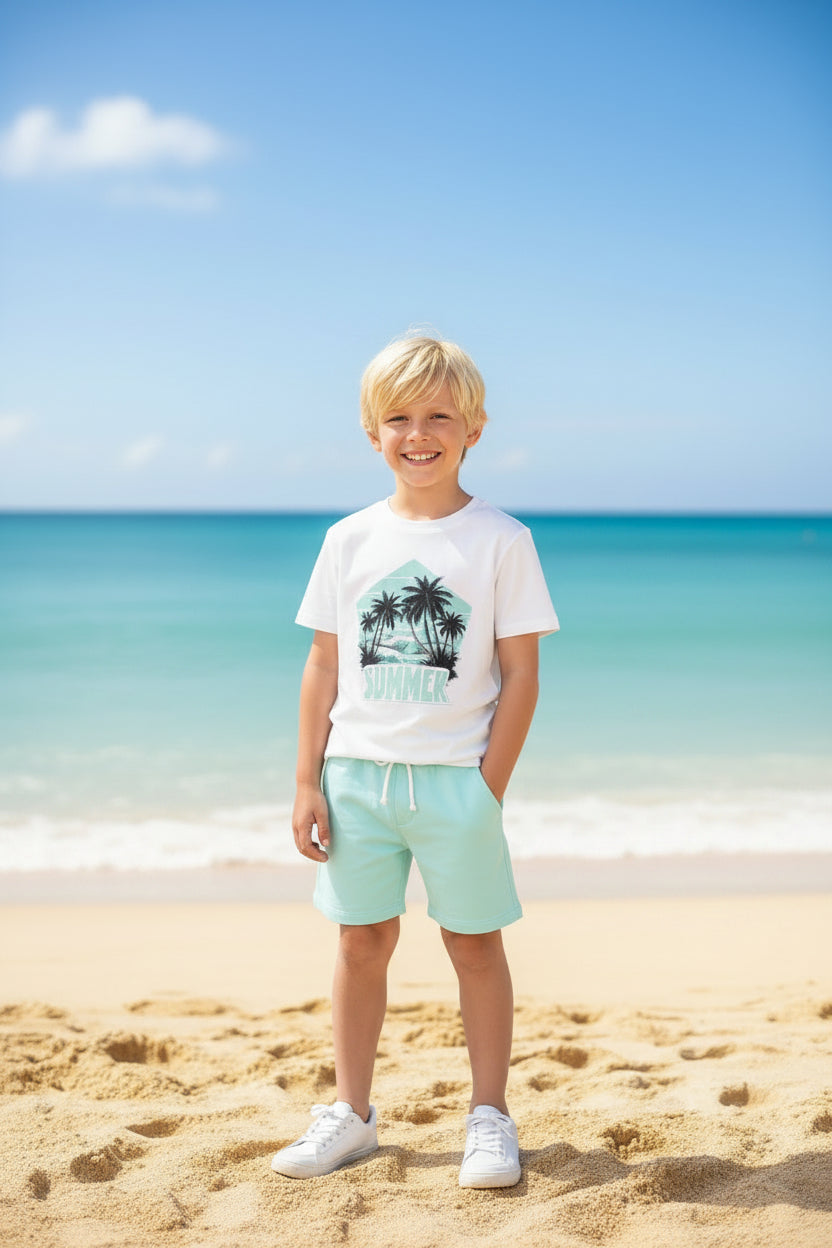 Conjunto Menino Summer Branco e Verde Água