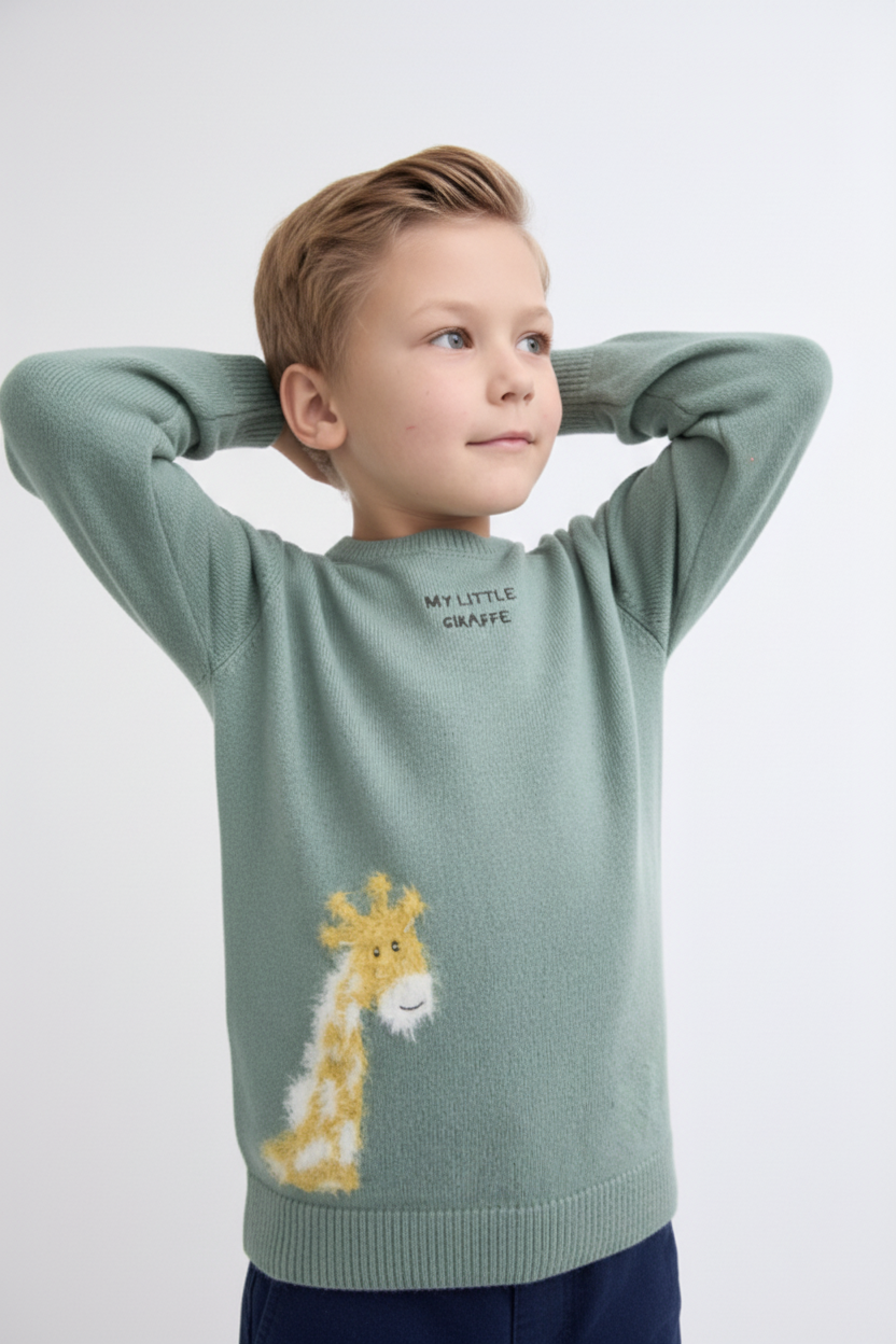 Camisola de malha verde para menino com girafa em pelo