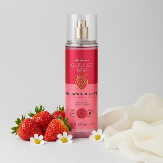 Body Splash Cuide-se Bem Morango & Leite 200ml frasco rosa transparente