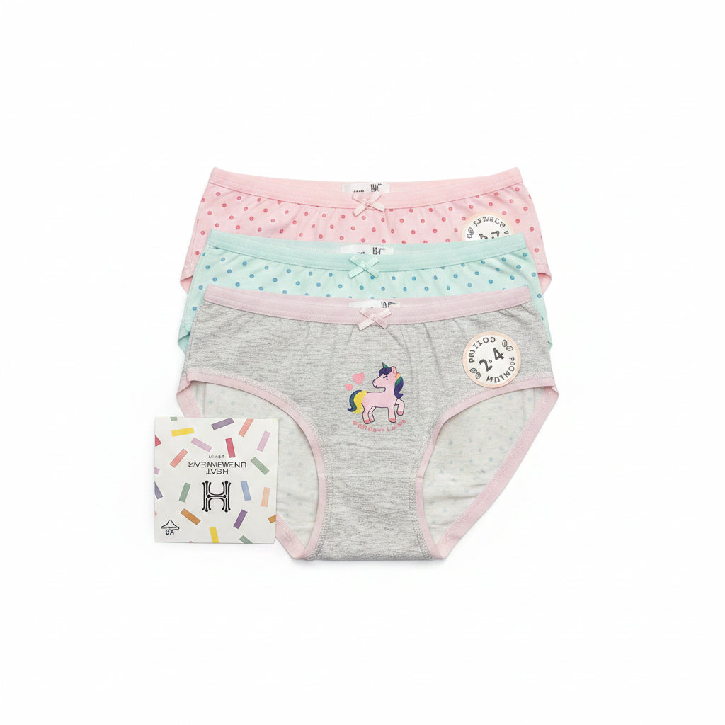 Pack de 3 boxers de menina multicolor com unicórnio e bolinhas para crianças dos 2 aos 12 anos