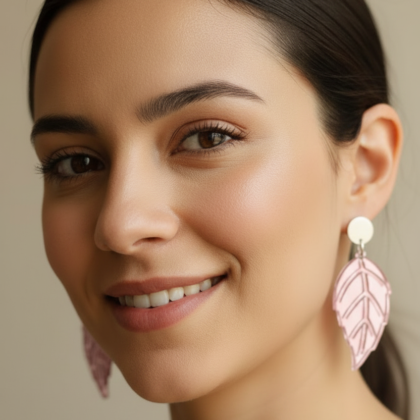 Modelo a usar Brincos Folhinhas acrílico rosa com base em aço inoxidável
