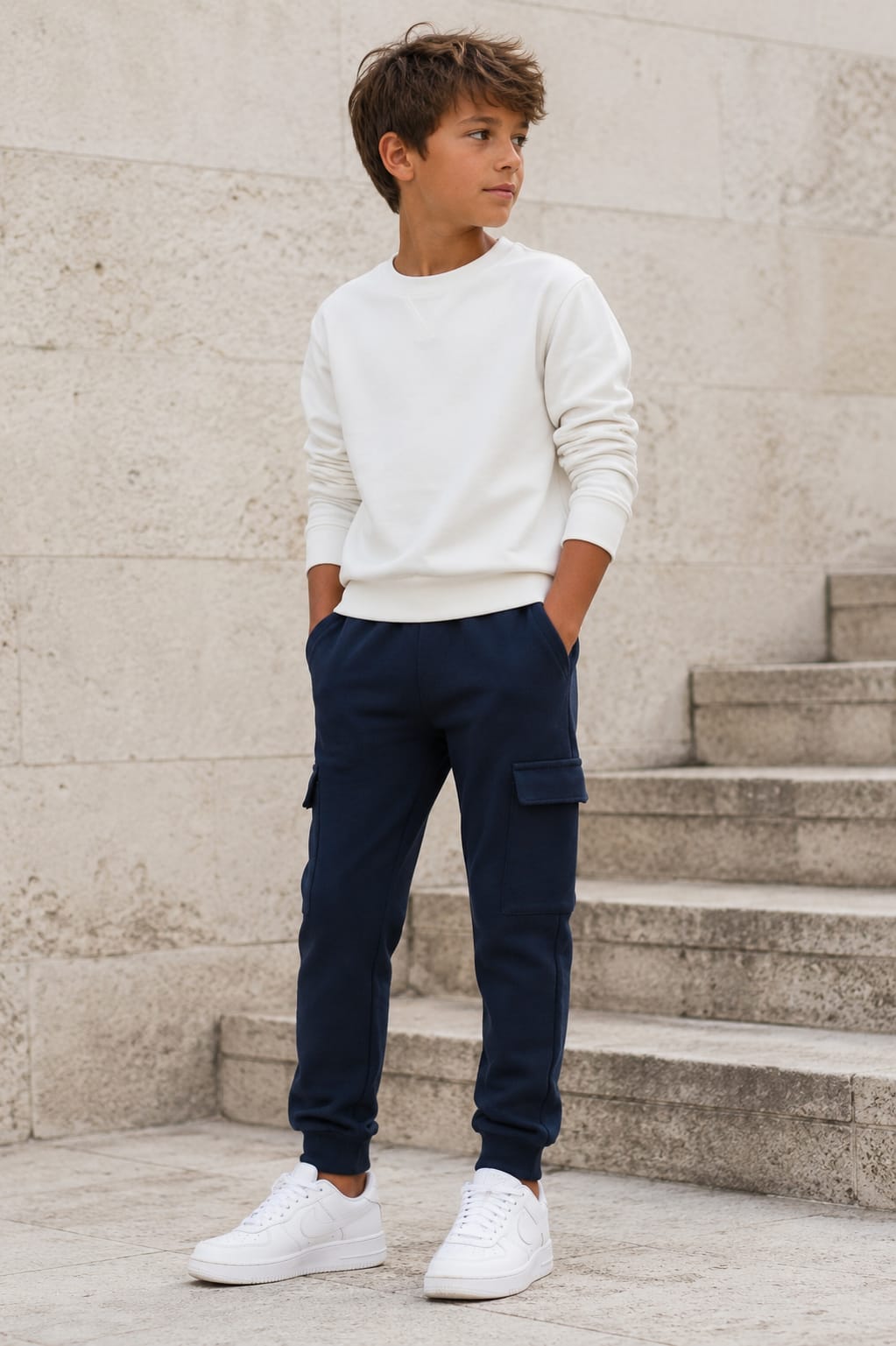 Menino a usar calça jogger cargo azul-marinho com bolsos laterais