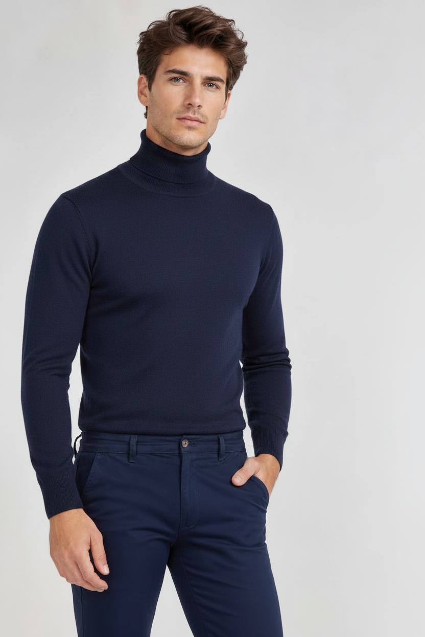 Homem com camisola azul-marinho de gola alta em malha fina