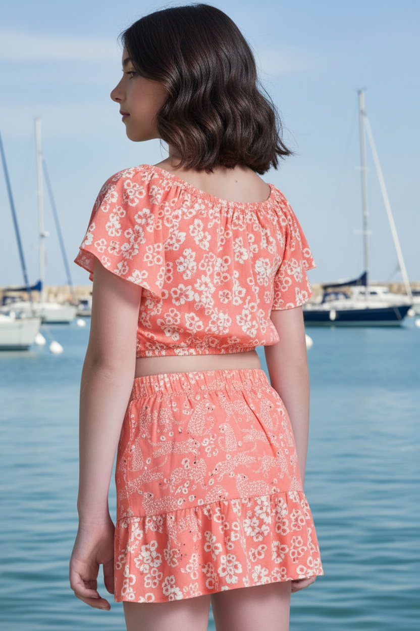 Conjunto Menina Floral Rosa Coral