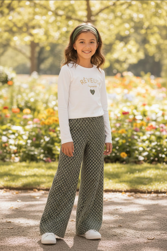 Camisola cardada branca de menina com estampado frontal