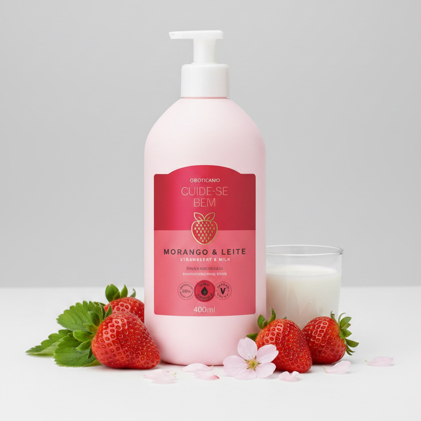 Loção Hidratante Corporal Cuide-se Bem Morango & Leite 400ml frasco rosa com pump