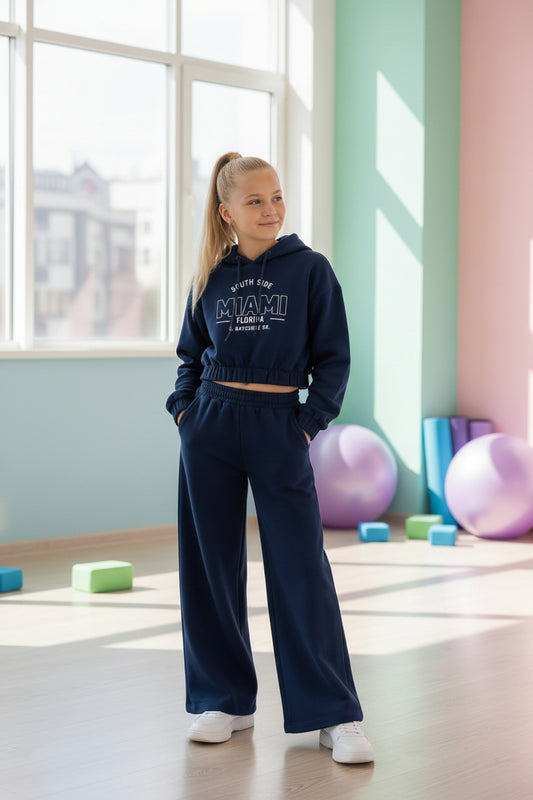 Fato de treino azul-marinho de menina com camisola com capuz e pantalona