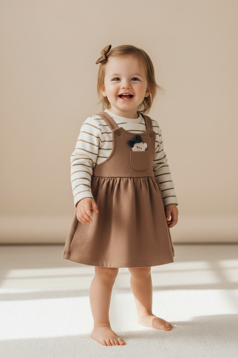 Vestido jardineiras camel de bebé com camisola de manga comprida às riscas