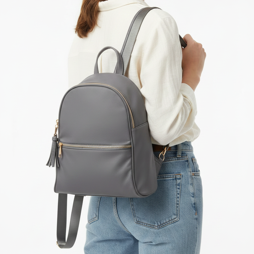 Mochila Nylon cinzenta com alças ajustáveis e puxador dourado