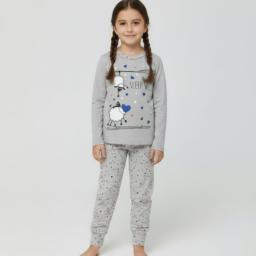 Pijama de menina cinzento com ovelhinhas Sleep Well e calças com estrelas coloridas