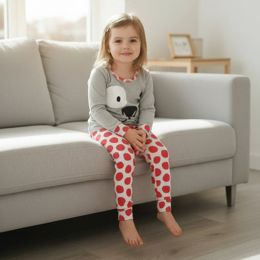 Pijama de menina cinzento com urso e calças brancas às bolinhas vermelhas