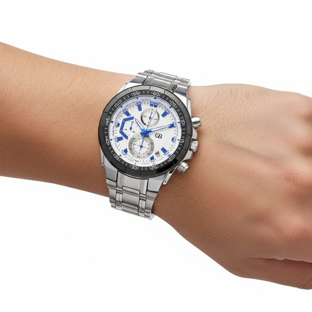 Relógio analógico masculino com bracelete em aço inoxidável e mostrador branco com detalhes azuis