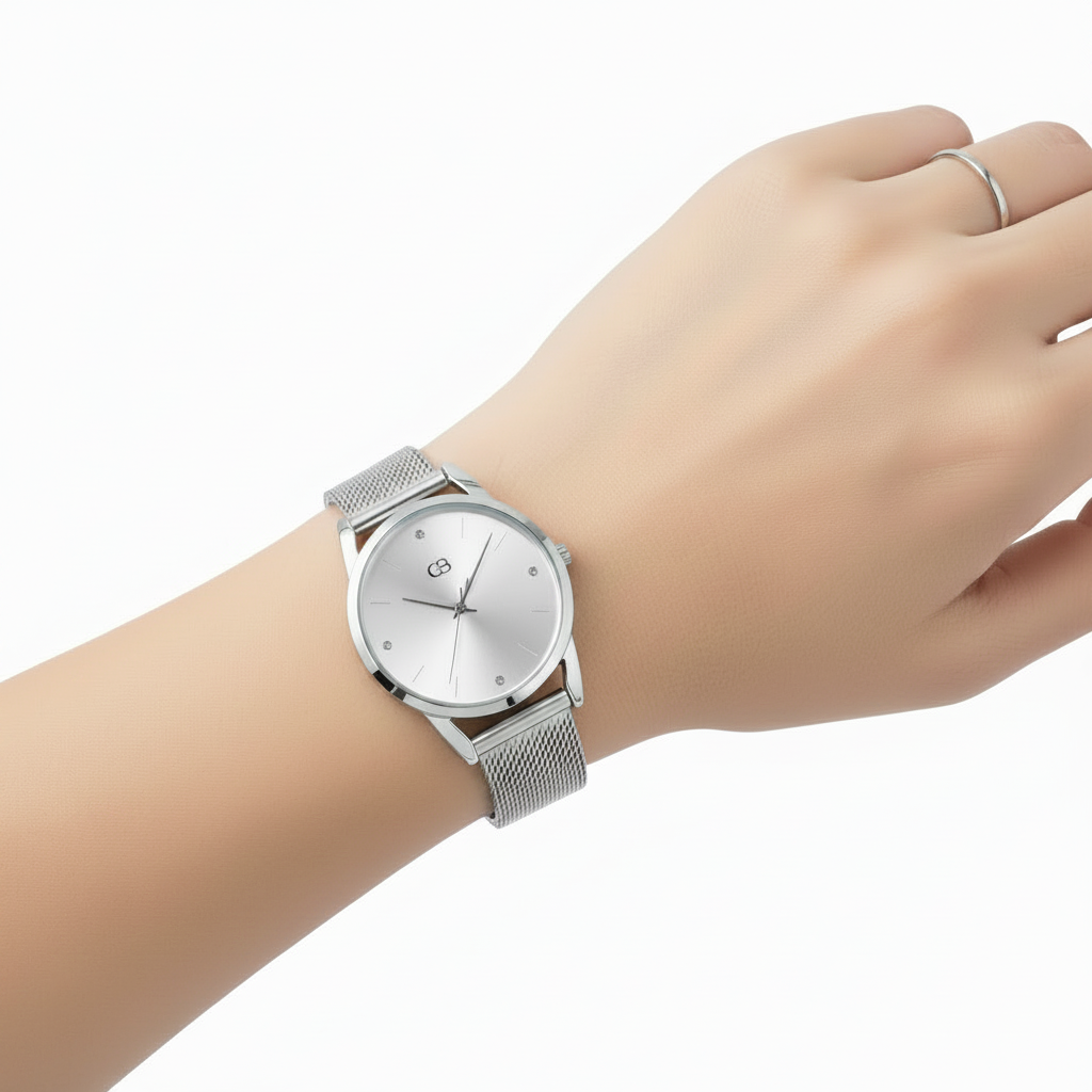 Relógio analógico feminino com bracelete em malha de aço inoxidável e mostrador branco minimalista