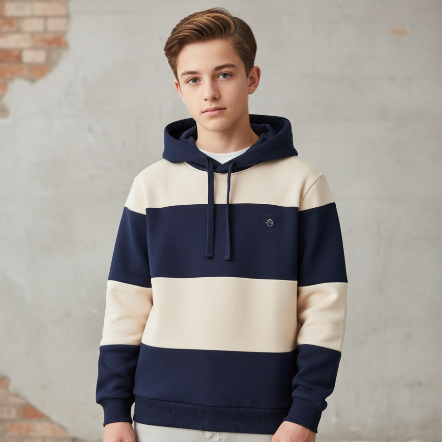 Rapaz com estilo cool a usar sweatshirt azul-marinho e bege com capuz, de 100% algodão