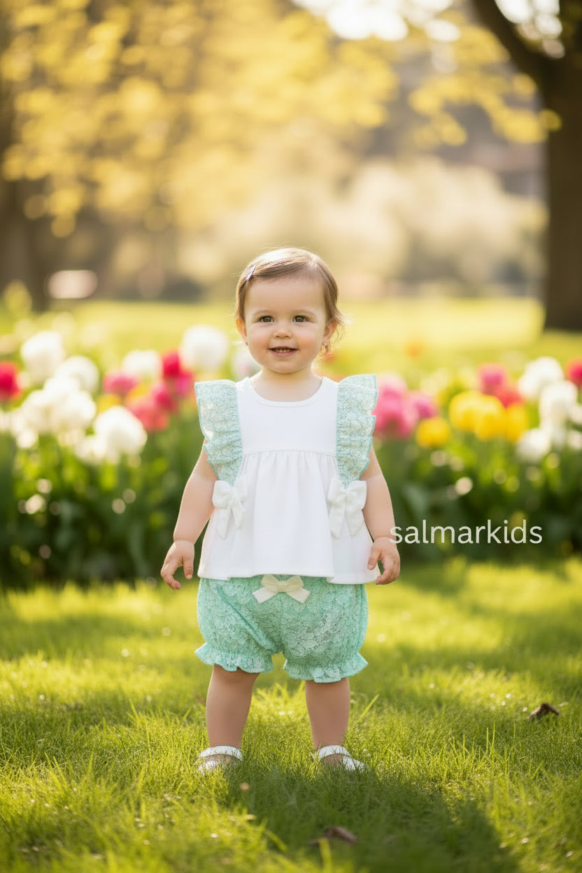 Conjunto Bebé Menina Verde Água e Branco Sonhos